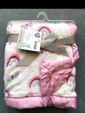 Parent's Choice Plush Pink Rainbow Baby Blanket Satin Trim Butterflies